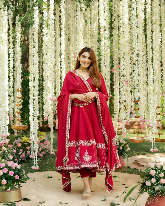 DEVANGANA RED HEAVY ANARKALI  SUIT SET