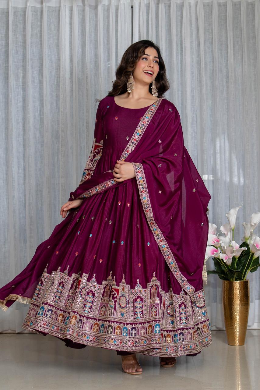 Simran's wine Canvas Cinon Silk Anarkali Suit Set