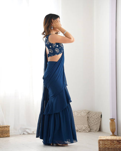 Glamorous Teal Blue Sequins Ready To Wear Georgette Sharara Saree