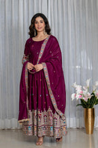 Simran's wine Canvas Cinon Silk Anarkali Suit Set