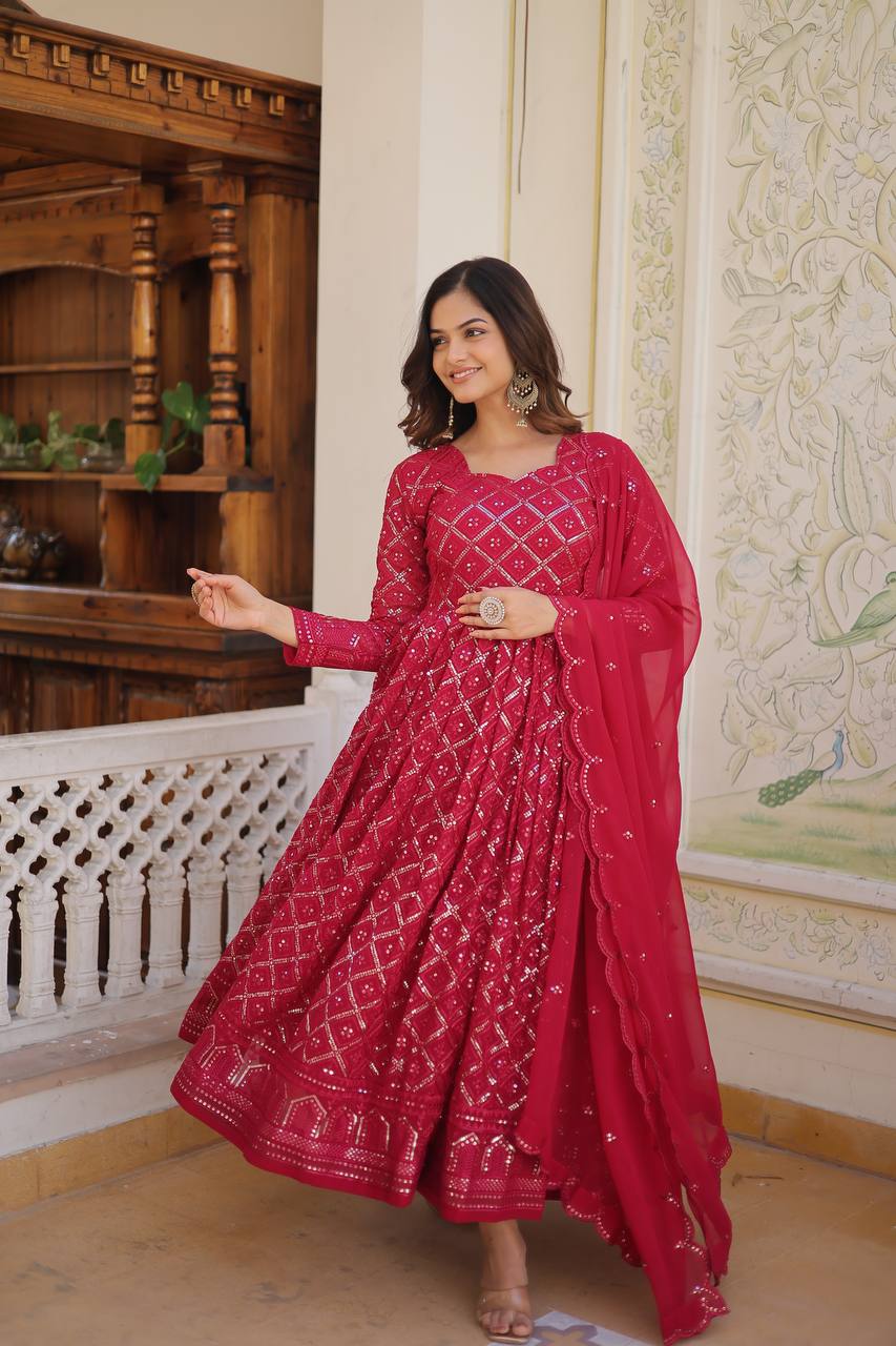 Sani s RANI WINE EMBROIDERED GEORGETTE ANARKALI FULLY STITCHED SUIT ishva shop