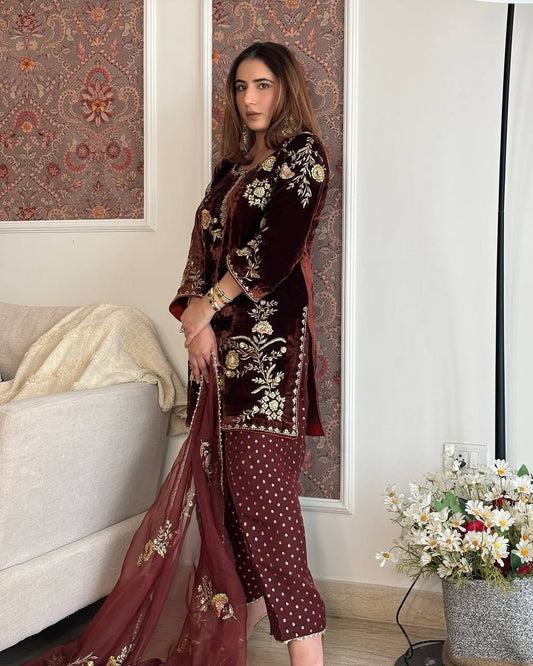 Zarqa Wine Velvet Embroidered Suit Set