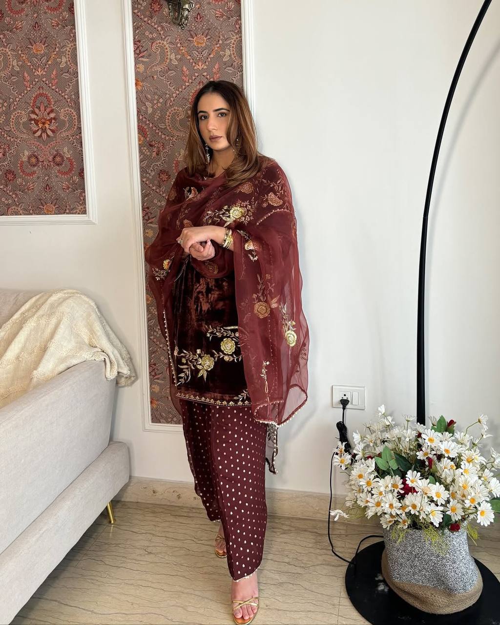 Zarqa Wine Velvet Embroidered Suit Set