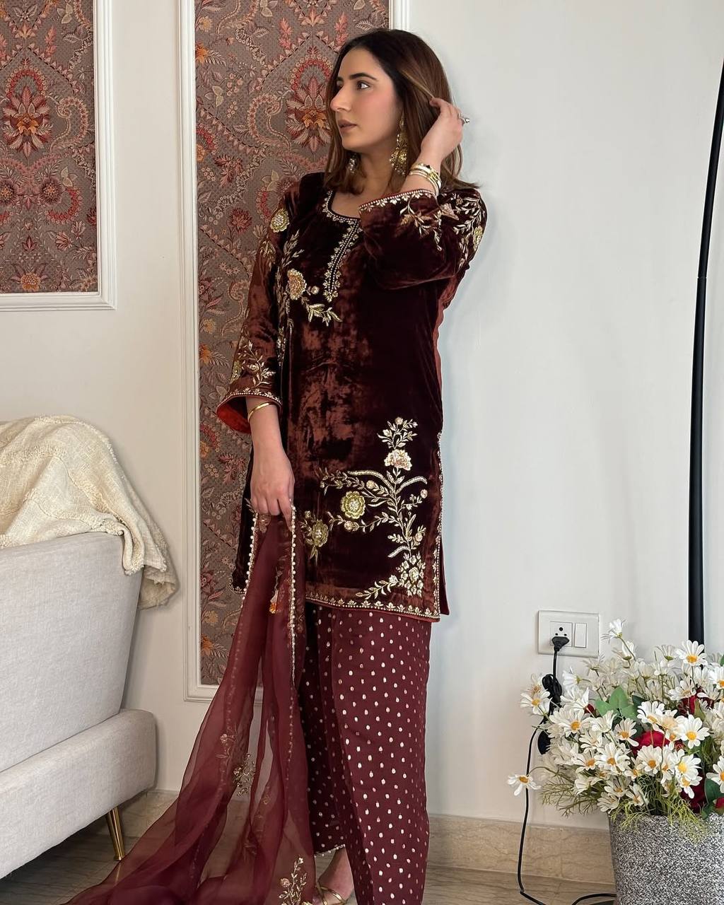 Zarqa Wine Velvet Embroidered Suit Set