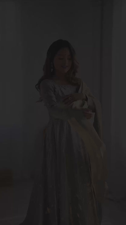 Priyanka  Gray Fandy Silk Anarkali Suit Set