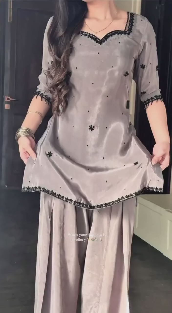 Moonstone Grey Elegant Embroidery Kurta Plazo Suit Set