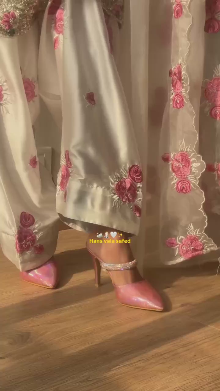 White Pink Rose Kurta Pant Suit Set
