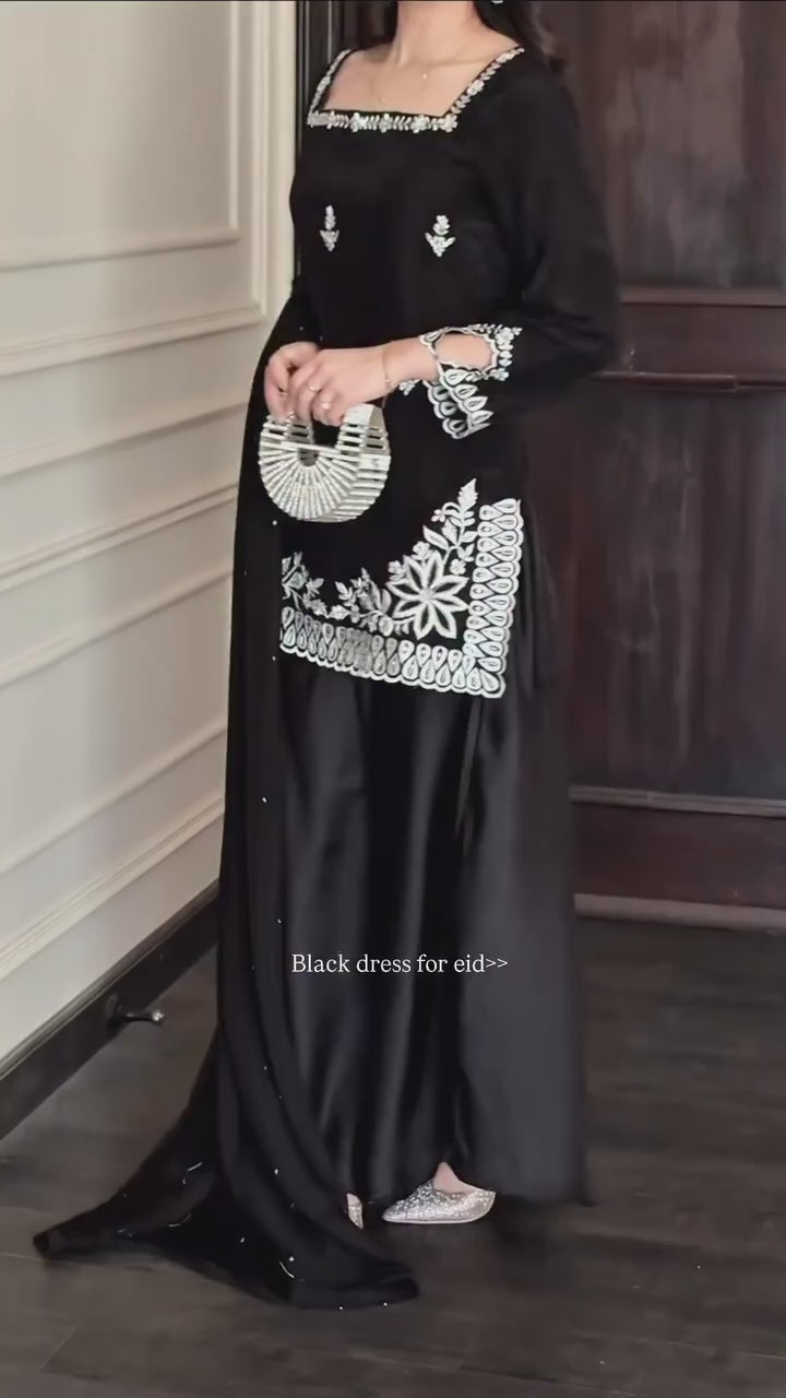 ZYARA STYLISH BLACK KURTA PLAZO SUIT SET