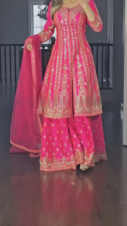 Shaniya Rani Pink Long Top Sharara Plazzo Dupatta Suit Set