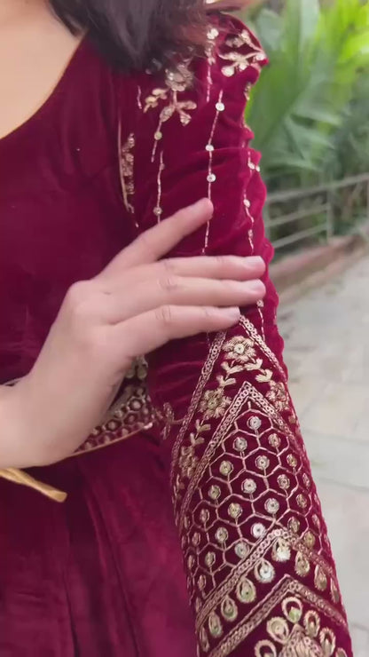 Sukena  Maroon  Velvet Anarkali Suit Set