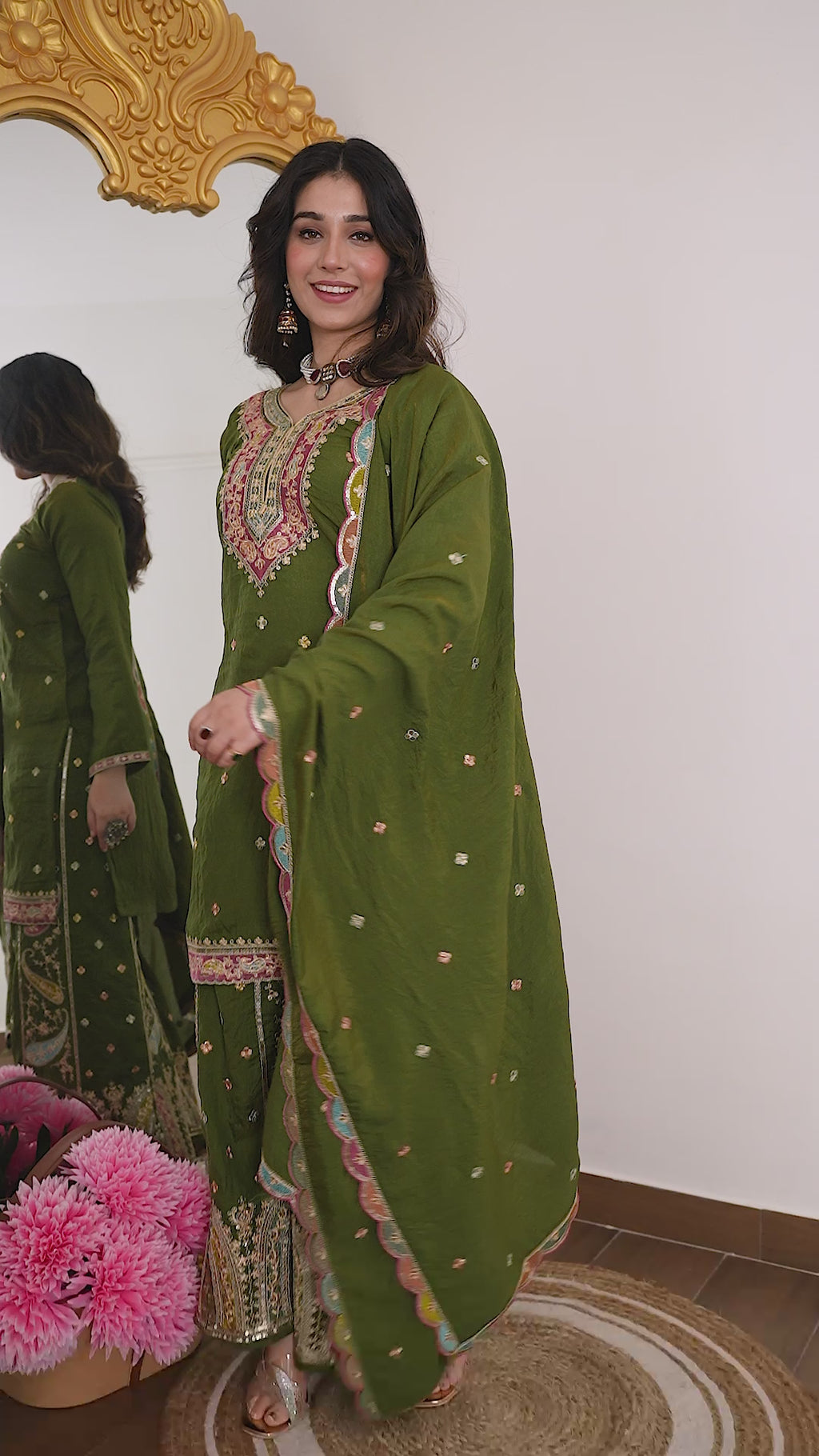Zehra Green Embroidered Kurta Palazzo Dupatta Suit Set