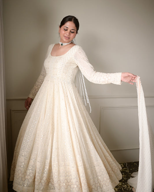 Alisha White Embroidered Anarkali Suit Set