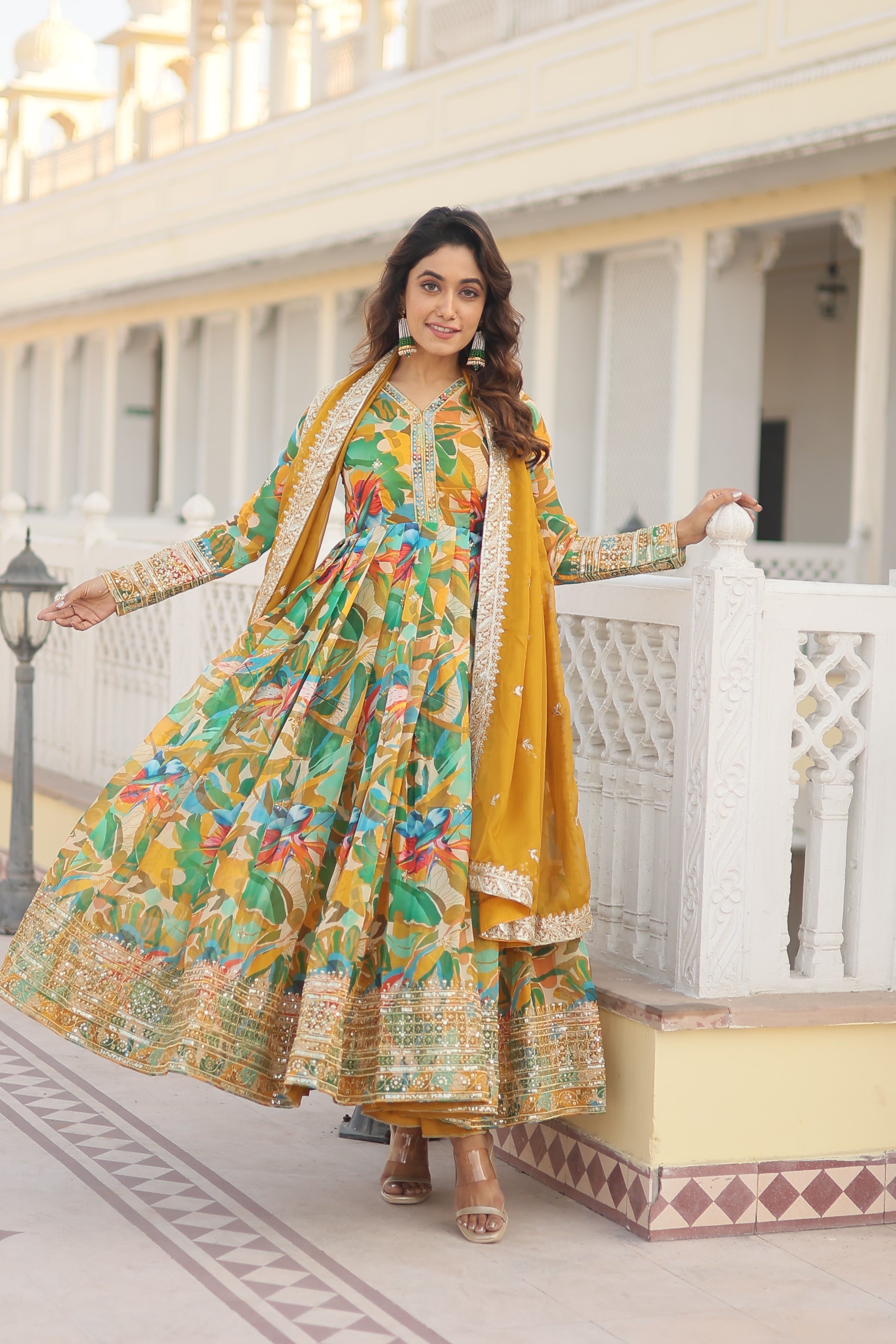 SANAYA S ALIA CUT GREEN GOWN WITH DUPATTA SET ishva shop