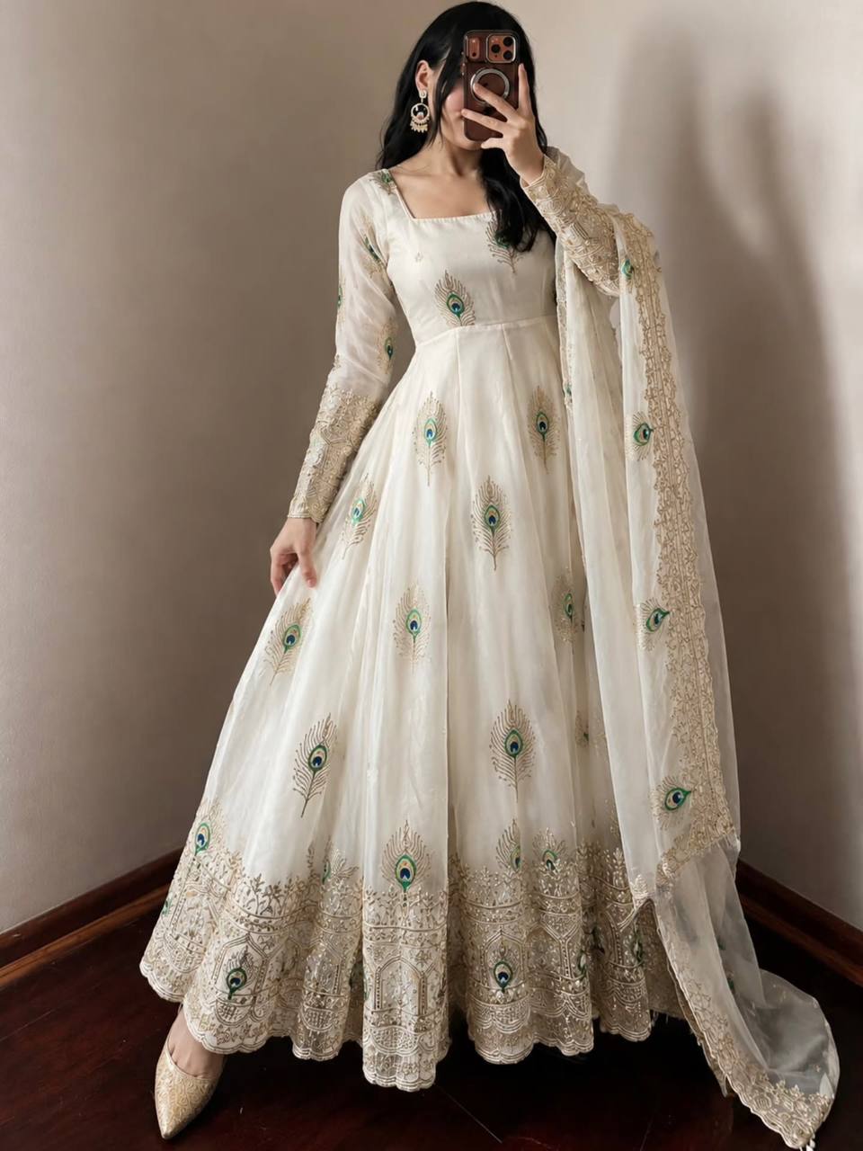 White Peacock Embroidered Trendy Anarkali Suit Set with Dupatta