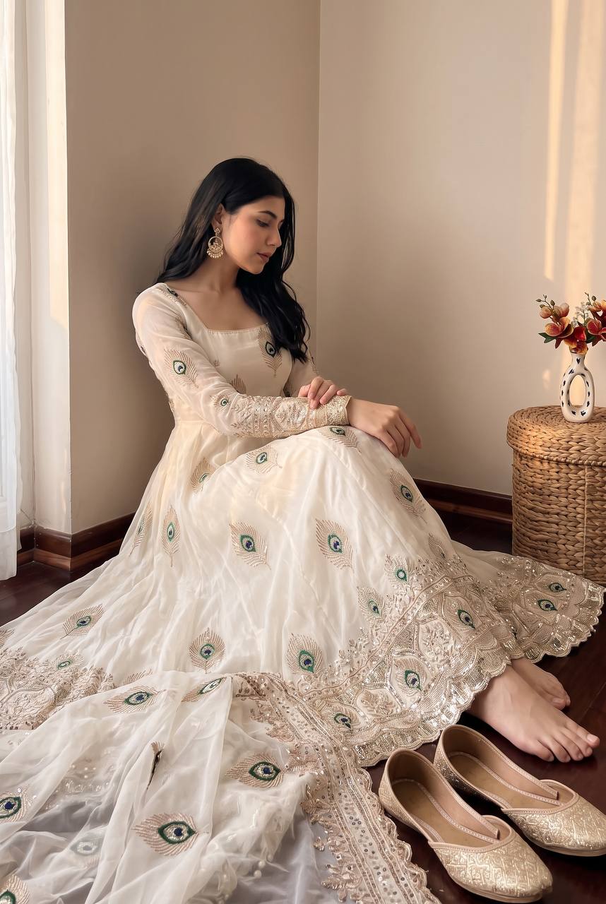 White Peacock Embroidered Trendy Anarkali Suit Set with Dupatta