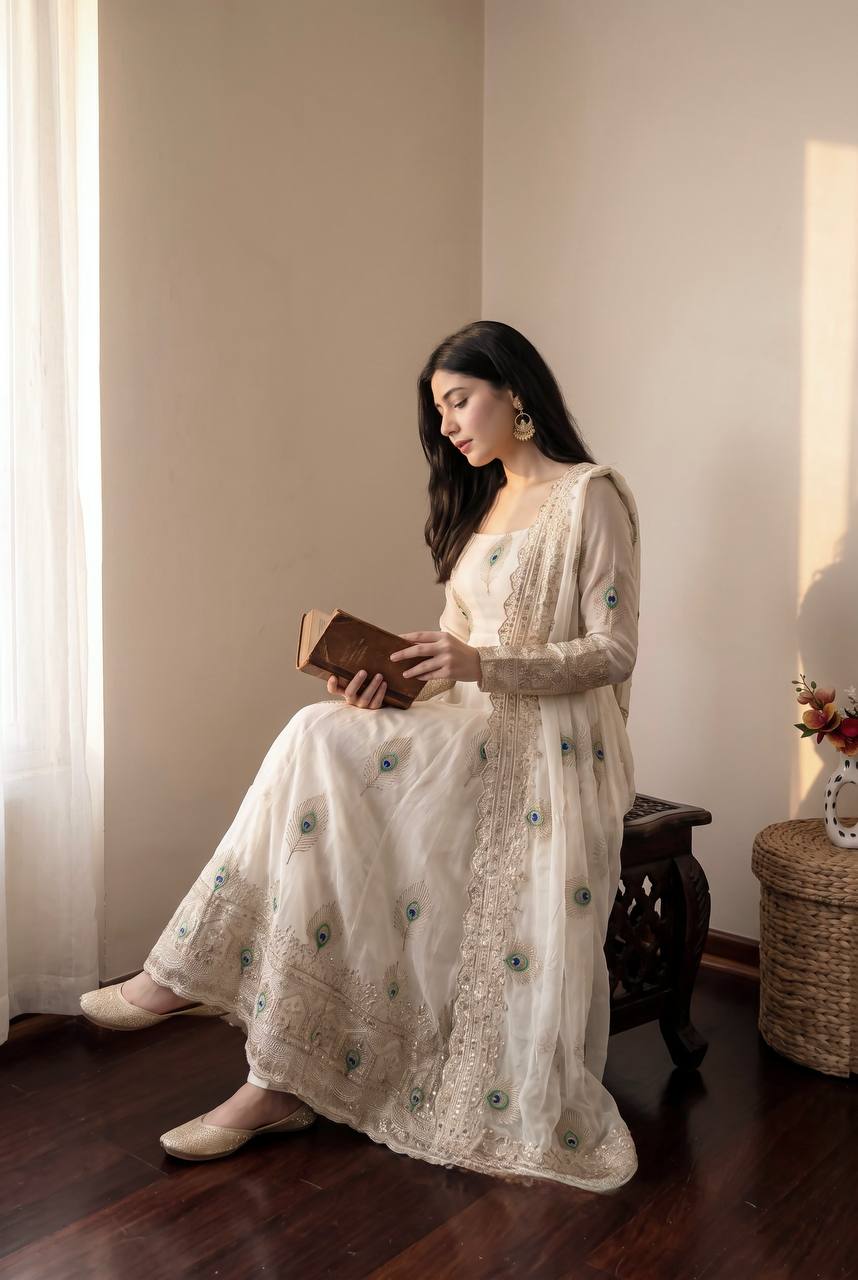 White Peacock Embroidered Trendy Anarkali Suit Set with Dupatta
