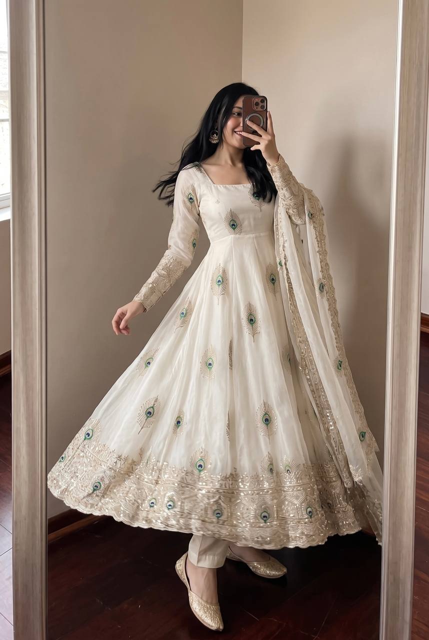 White Peacock Embroidered Trendy Anarkali Suit Set with Dupatta