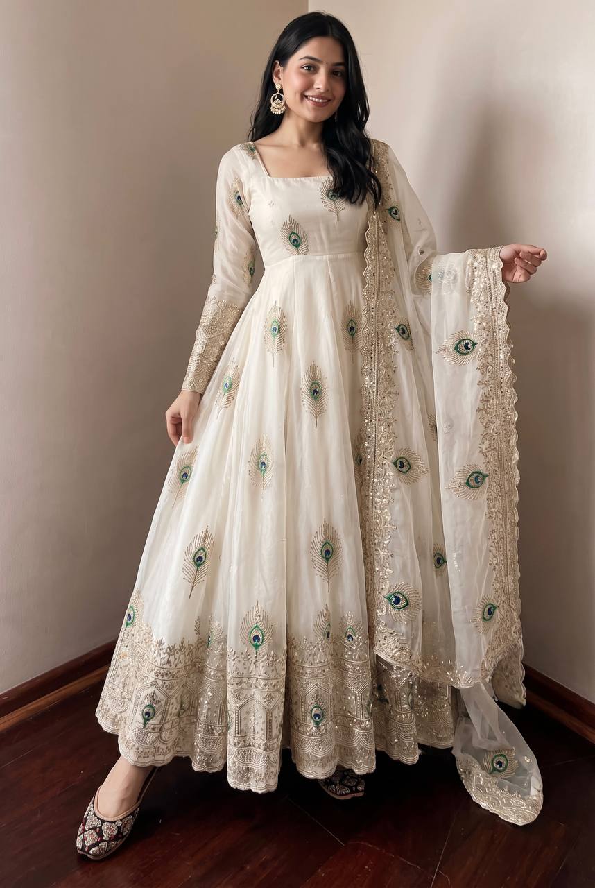 White Peacock Embroidered Trendy Anarkali Suit Set with Dupatta