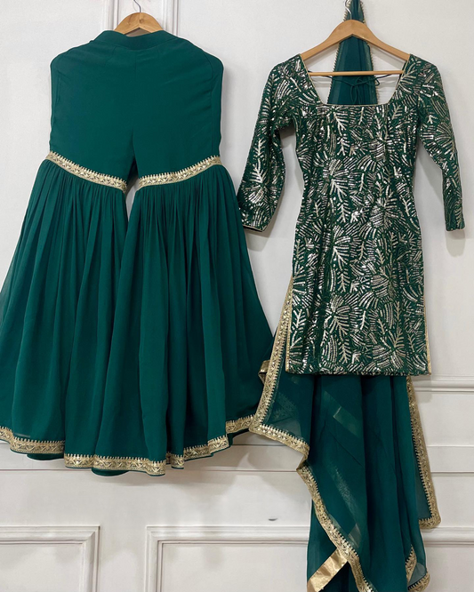 Green Colored New Designer Party Wear Look Sharara Top