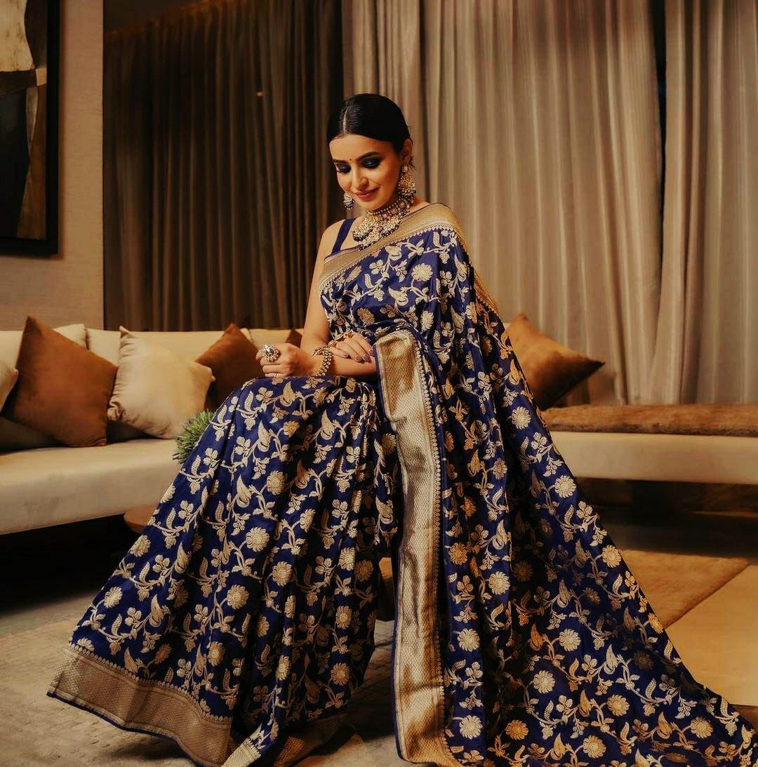 Woven Banarasi Jacquard, Cotton Silk Saree  (Blue)