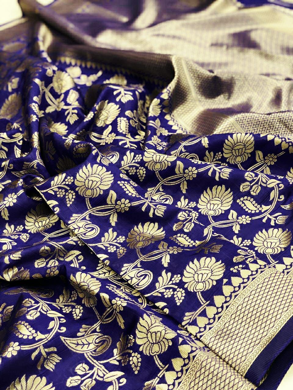 Woven Banarasi Jacquard, Cotton Silk Saree  (Blue)