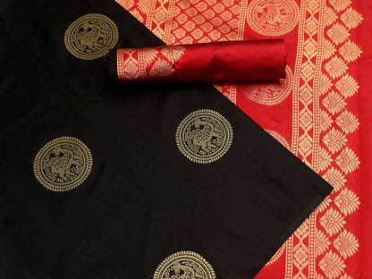 Attractive Black and Red Colour Lichi Silk saree | Saree With Beautiful Rich Pallu And Jaquard Work On all Over The Saree | dhoti style sari