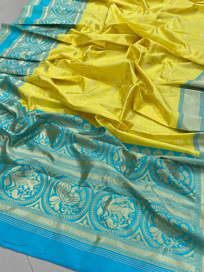 Woven, Floral Print Kanjivaram Silk Blend, Jacquard Saree  (Silver, Blue)