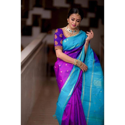 Purple Color Kanchipuram Soft Lichi Silk Saree Bold And Beautiful Saree With Weaving Silk Exclusive Indian Wedding Saree South Silk Saree
