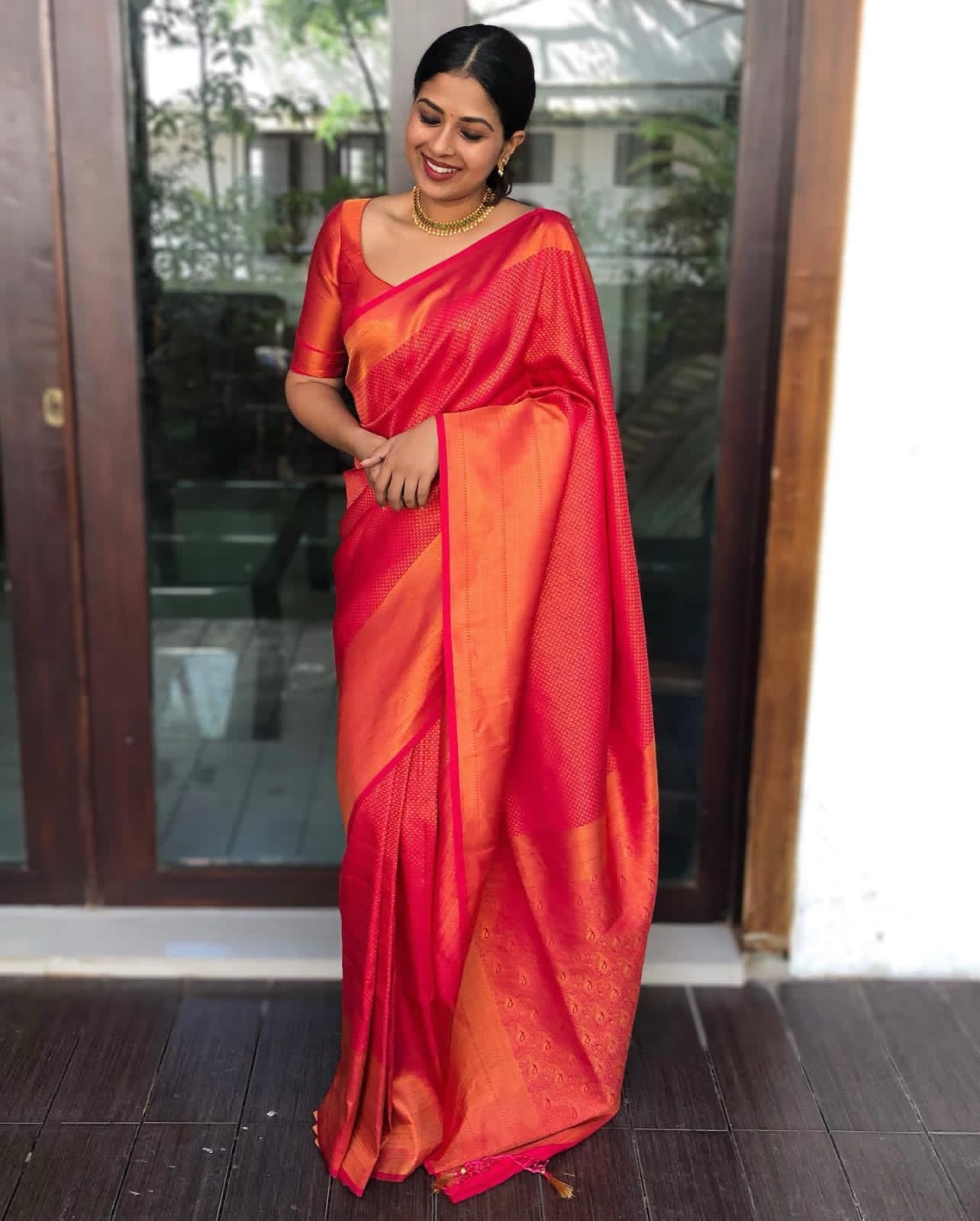 RED color soft silk banarasi saree with matching blouse.