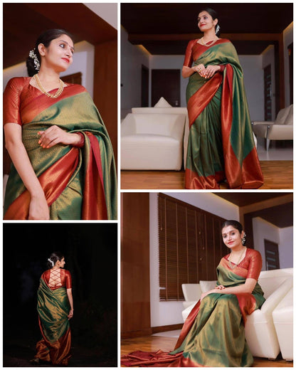 Green color soft silk banarasi saree with matching blouse.