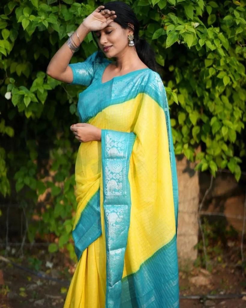 YELLOW color soft silk banarasi saree with matching blouse.