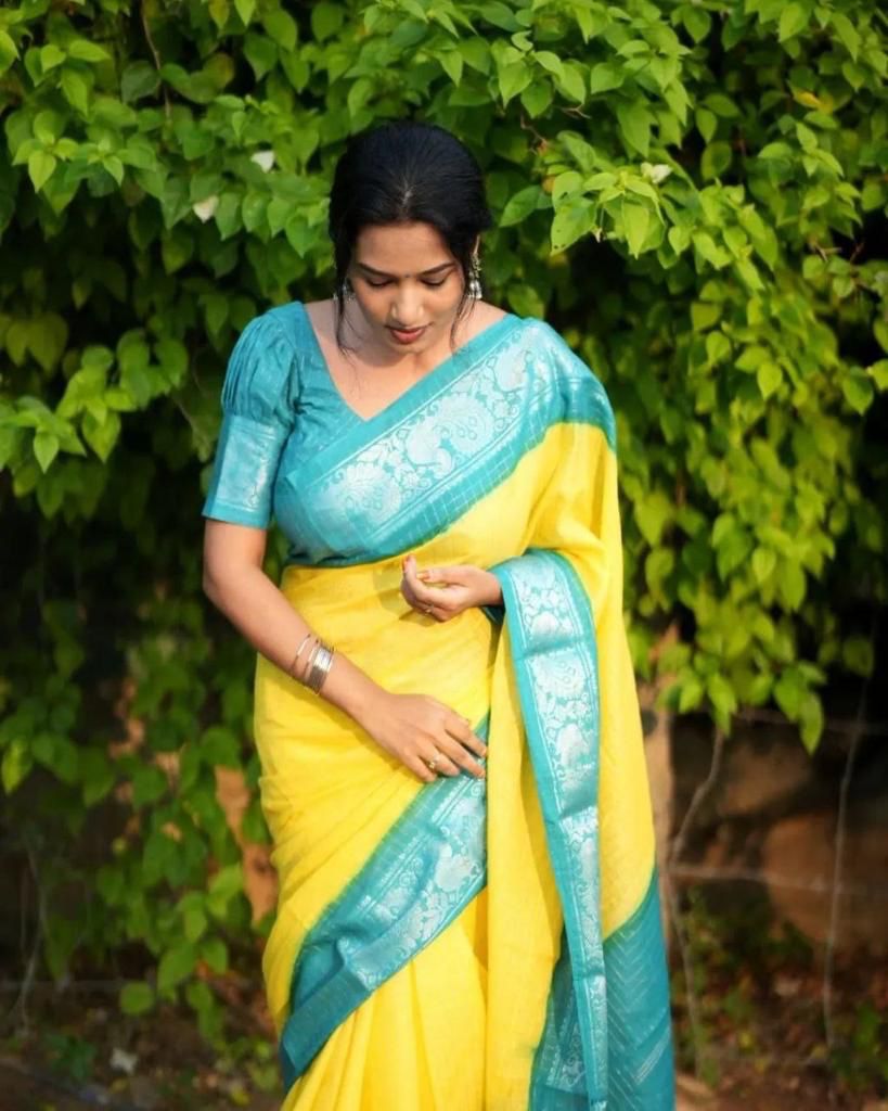 YELLOW color soft silk banarasi saree with matching blouse.