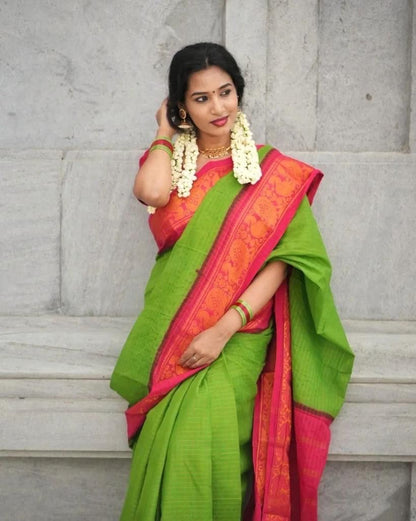 GREEN PINK color soft silk banarasi saree with matching blouse.