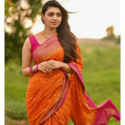 Zwab Women's Kanjivaram Soft Lichi Silk Saree With Blouse Piece (Orange)