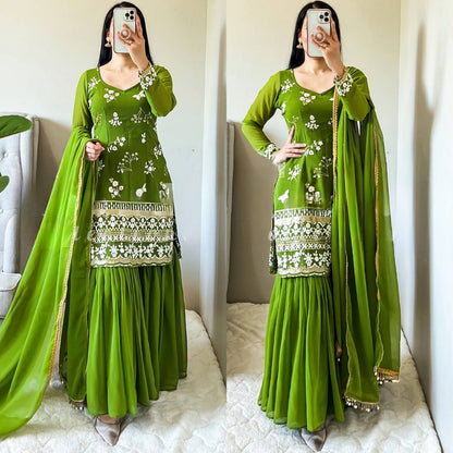 Green Colored New Designer Party Wear Look Sharara MF-264
