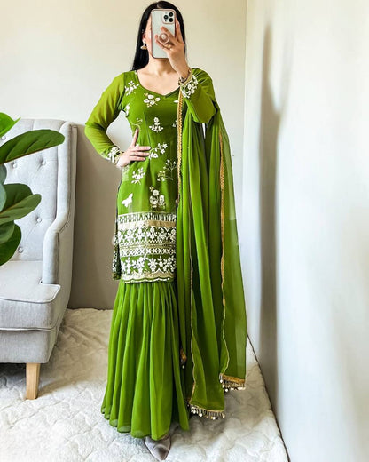Green Colored New Designer Party Wear Look Sharara MF-264